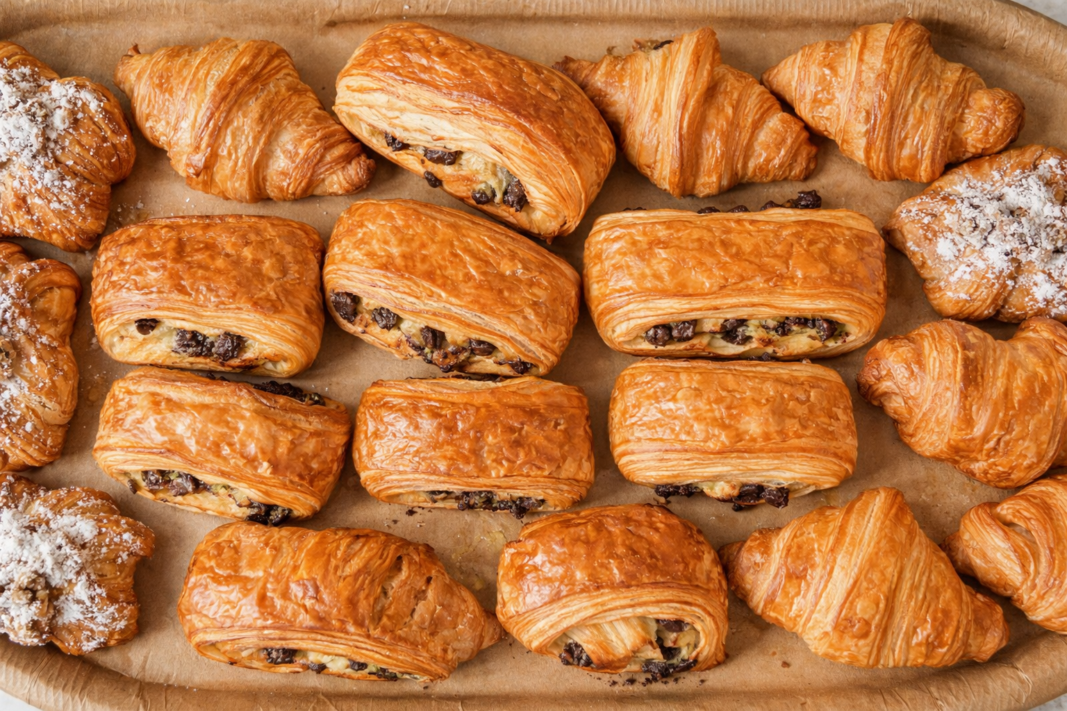 Fresh-baked French pastries, croissants, and pain au chocolat on a kraft paper tray
