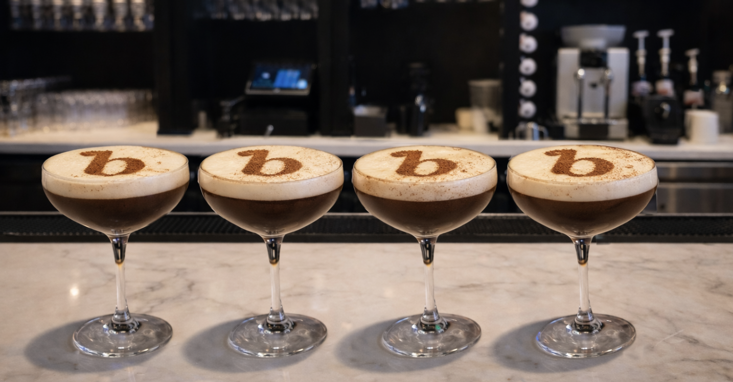 Four espresso martinis in coupe glasses with cocoa-dusted 'b' logo art on a marble bar counter