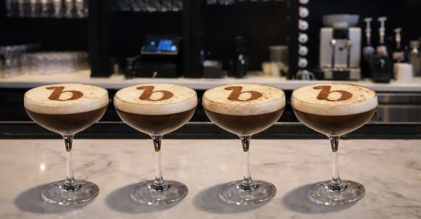 A row of espresso cocktails topped with the Babe logo in foam